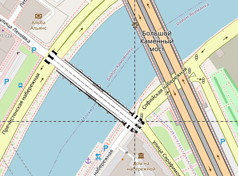 Наложение плана Большого Каменного моста XVII века на современную карту. Наложение плана Большого Каменного моста XVII века на современную карту.