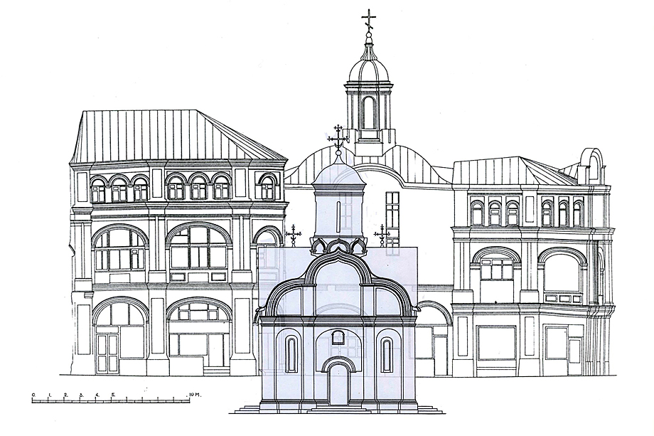Наложение фасада 1519 года на чертёж современной постройки.