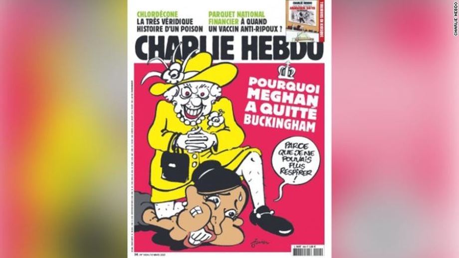 На обложке Charlie Hebdo изображена королева Великобритании Елизаветы II, стоящая коленом на шее Меган, герцогини Сассекской.