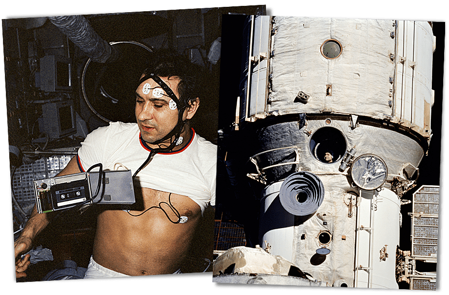 Слева: 1 января 1988 года. Валерий Поляков во время медицинского обследования и записи показаний датчиков на магнитофон на орбитальной станции «Мир». Справа: февраль 1995 года. Поляков в окне станции во время встречи американского шаттла «Дискавери».