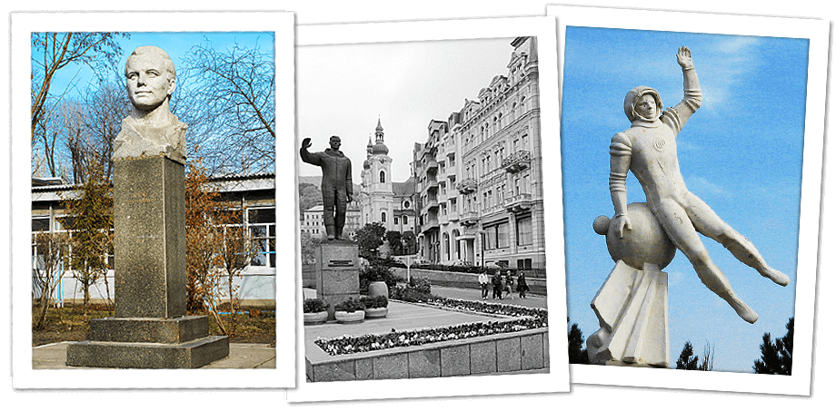 Памятники Юрию Гагарину в Карловых Варах (слева), в Киеве (по центру) и в Черниговской области (справа).