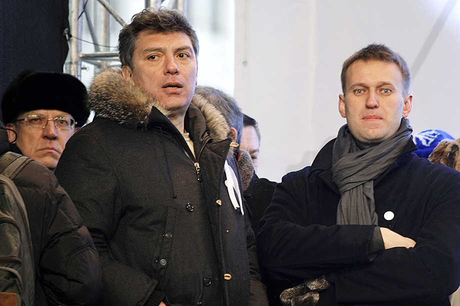 Алексей Кудрин, Борис Немцов, Алексей Навальный (слева направо). Митинг 24 декабря 2011 года.