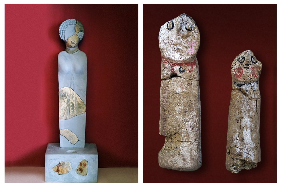 Известняковая герма женского божества (II век до н.э., на фото слева) и антропоморфные статуэтки (на фото справа).