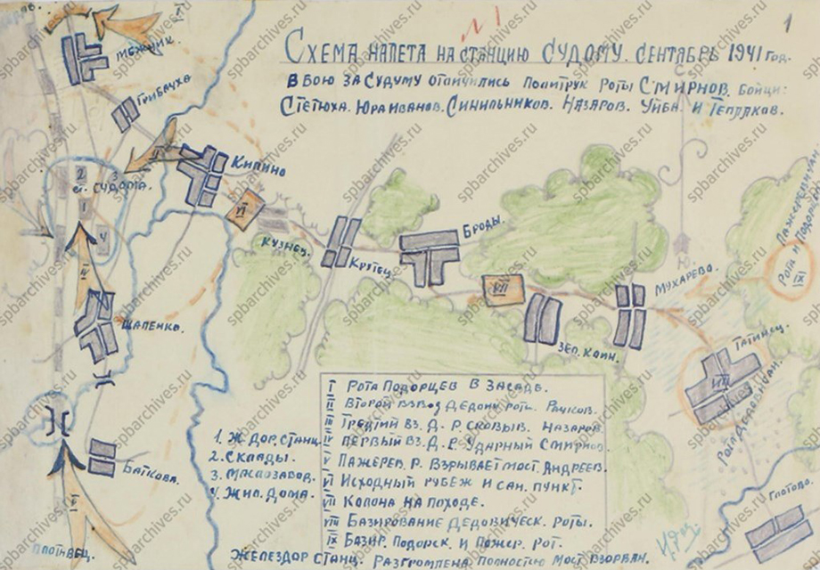 Схема авианалёта 2-й Ленинградской партизанской бригады на станцию Судома. Сентябрь 1941 г.