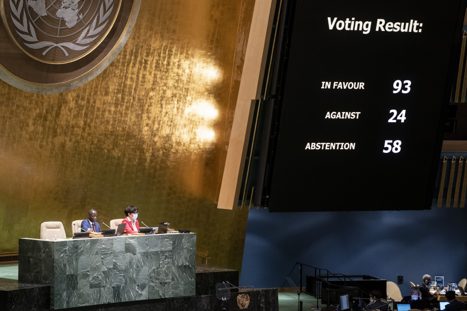 7 апреля 2022 года. Итоги голосования по вопросу отстранения Российской Федерации от членства в Совете ООН по правам человека: за – 93, против – 24, воздержались – 58.