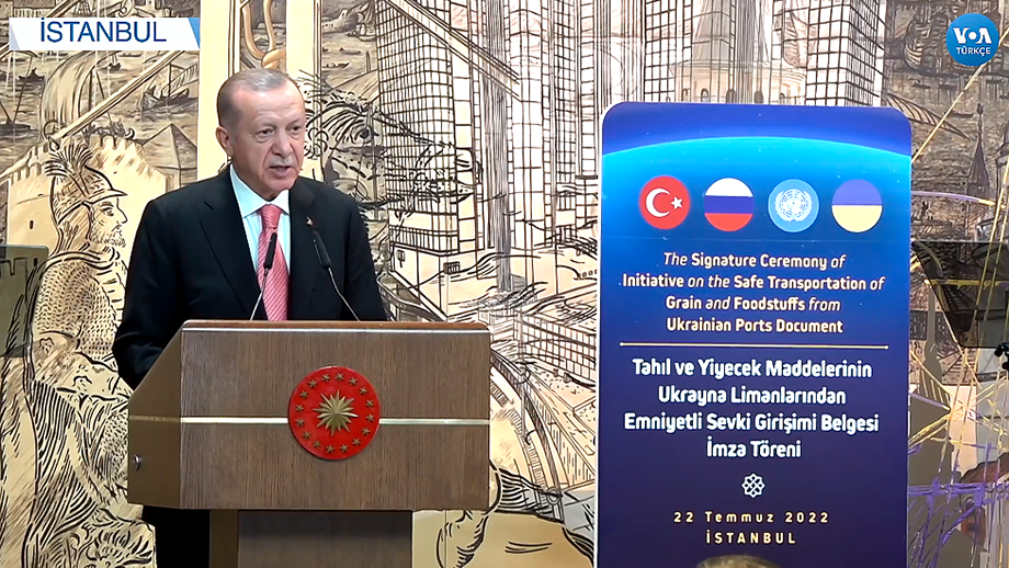 22 июля 2022 года. Церемония подписания Черноморской зерновой инициативы. Выступление президента Турции Реджепа Тайипа Эрдогана