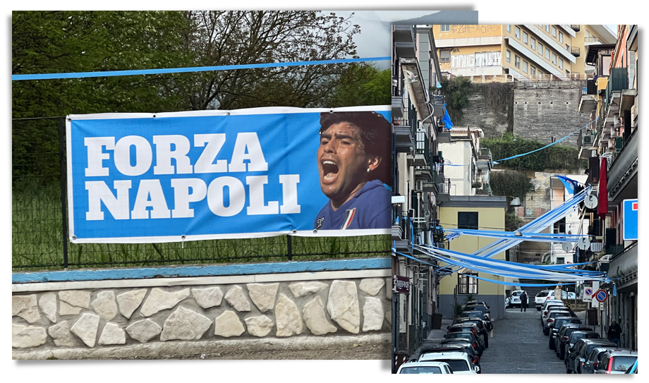 Улицы украшены фотографиями Марадоны и бело-голубыми цветами.