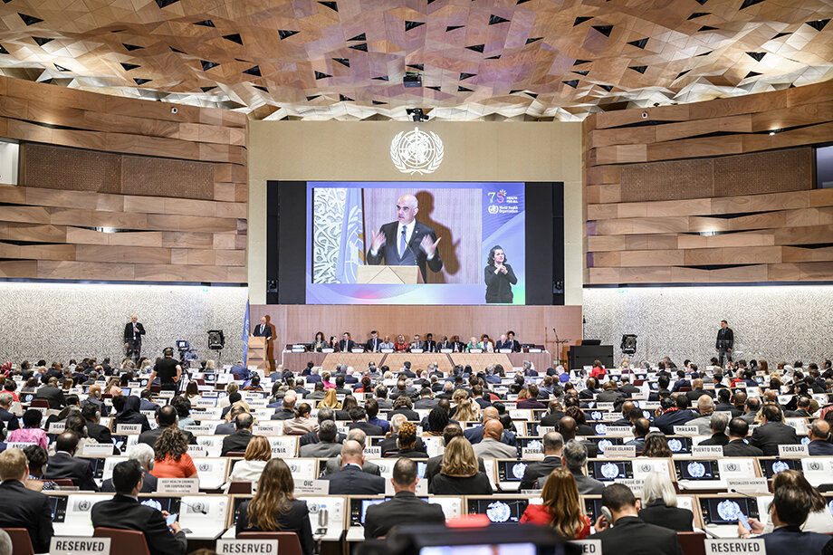 Открытие 76-й Всемирной ассамблеи здравоохранения в Женеве.