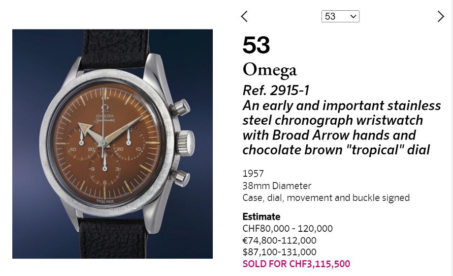 Часы Omega Speedmaster со стрелками Broad Arrow 1957 года выпуска показаны на сайте Phillips