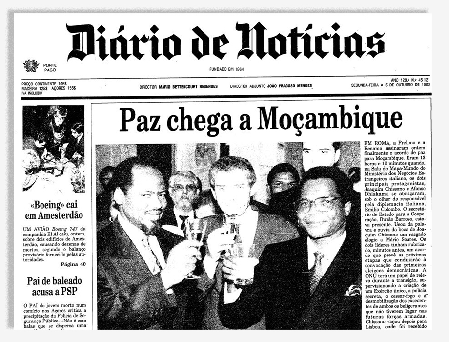 Газета Diário de Notícias от 5 октября 1992 года с заголовком «Мир прибыл в Мозамбик».