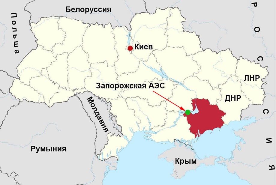 На карте видно, где находится ЗАЭС относительно белорусско-украинской границы.