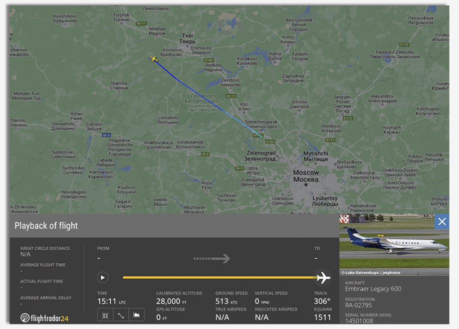 Сервис Flightradar24 выложил в сеть технические детали полёта Embraer ERJ-135.