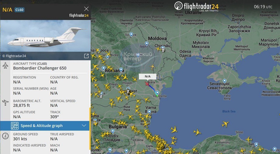 Американский Bombardier Challenger 650 Artemis ведёт разведку в районе Крыма.