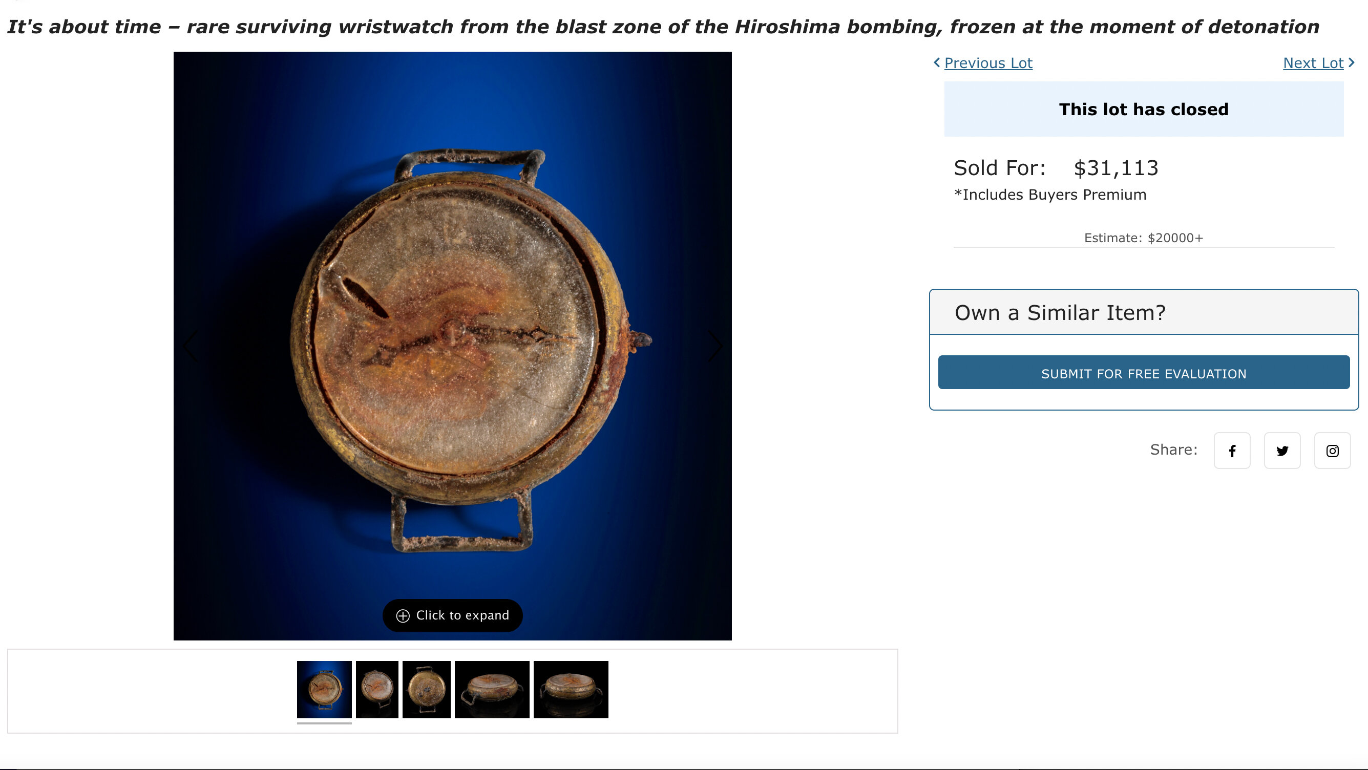 Часы, пережившие атомную бомбардировку Хиросимы 1945 года, проданы на аукционе за 31,1 тыс. долларов