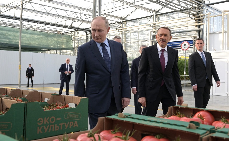 Владимир Путин во время посещения тепличного комплекса «Солнечный дар» агропромышленного комплекса «ЭКО-культура» с председателем совета директоров холдинга Александром Рудаковым.