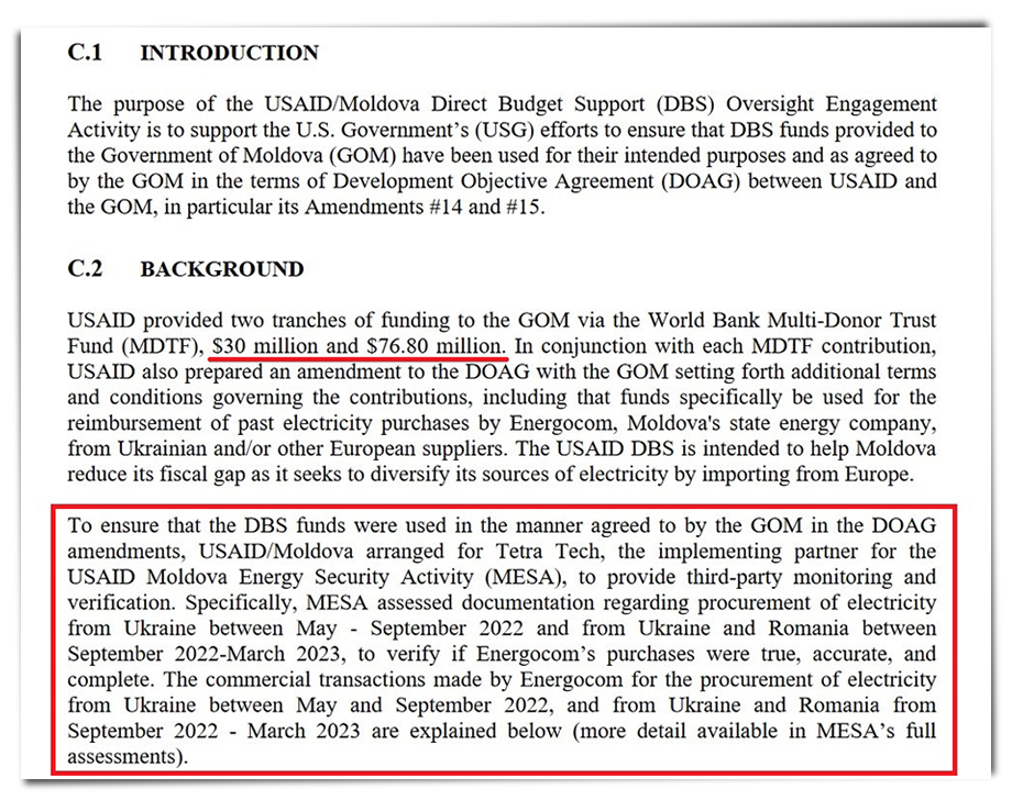 Фрагмент контракта на субсидирование США молдавских закупок электроэнергии у Украины и Румынии.
