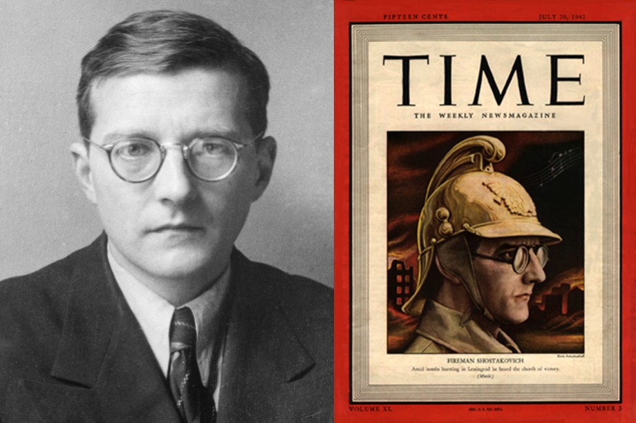Дмитрий Шостакович и обложка журнала Time 1942 года с его портретом.