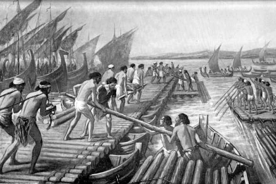Строительство моста Ксеркса из лодок финикийскими моряками.
