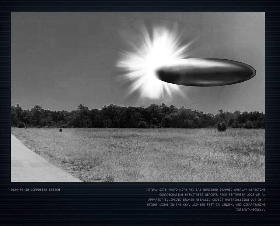 Настоящая фотография места с наложенной графикой лаборатории ФБР, изображающей объект эллипсоидной формы бронзового металлического цвета, появляющийся из яркого света в небе. По сообщениям очевидцев, длина объекта составляла 130–195 футов, после чего он мгновенно исчез.